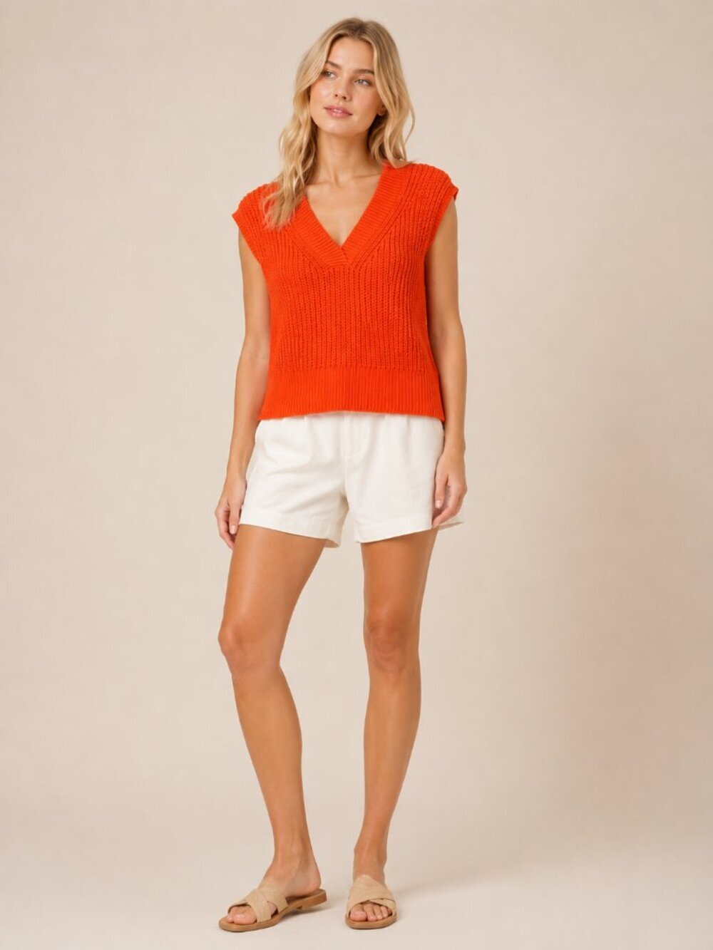 Banana Republic Chunky Knit Cap Sleeve V-Neck Pullover Sweater Orange #A2441